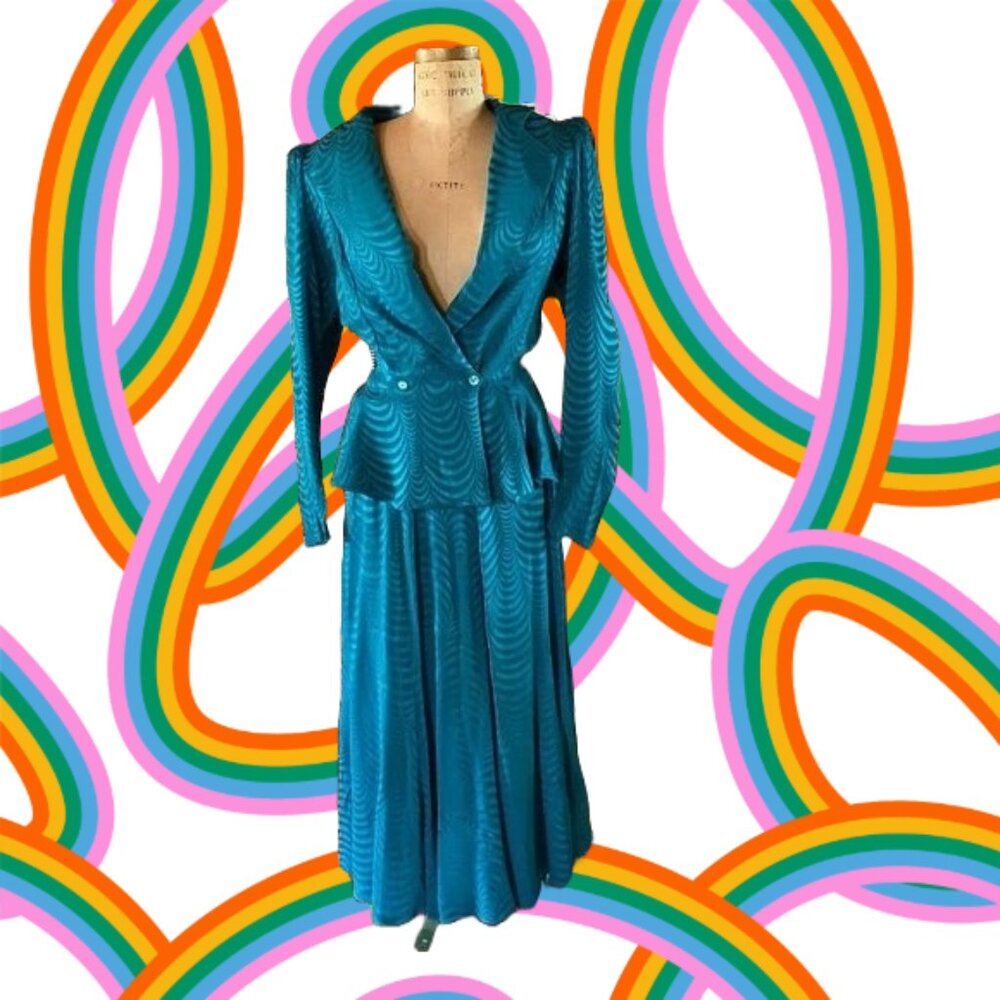 Vintage 80s Rayon Suit, Blazer Skirt Combo, Psychedelic swirl patterned 2-Piece